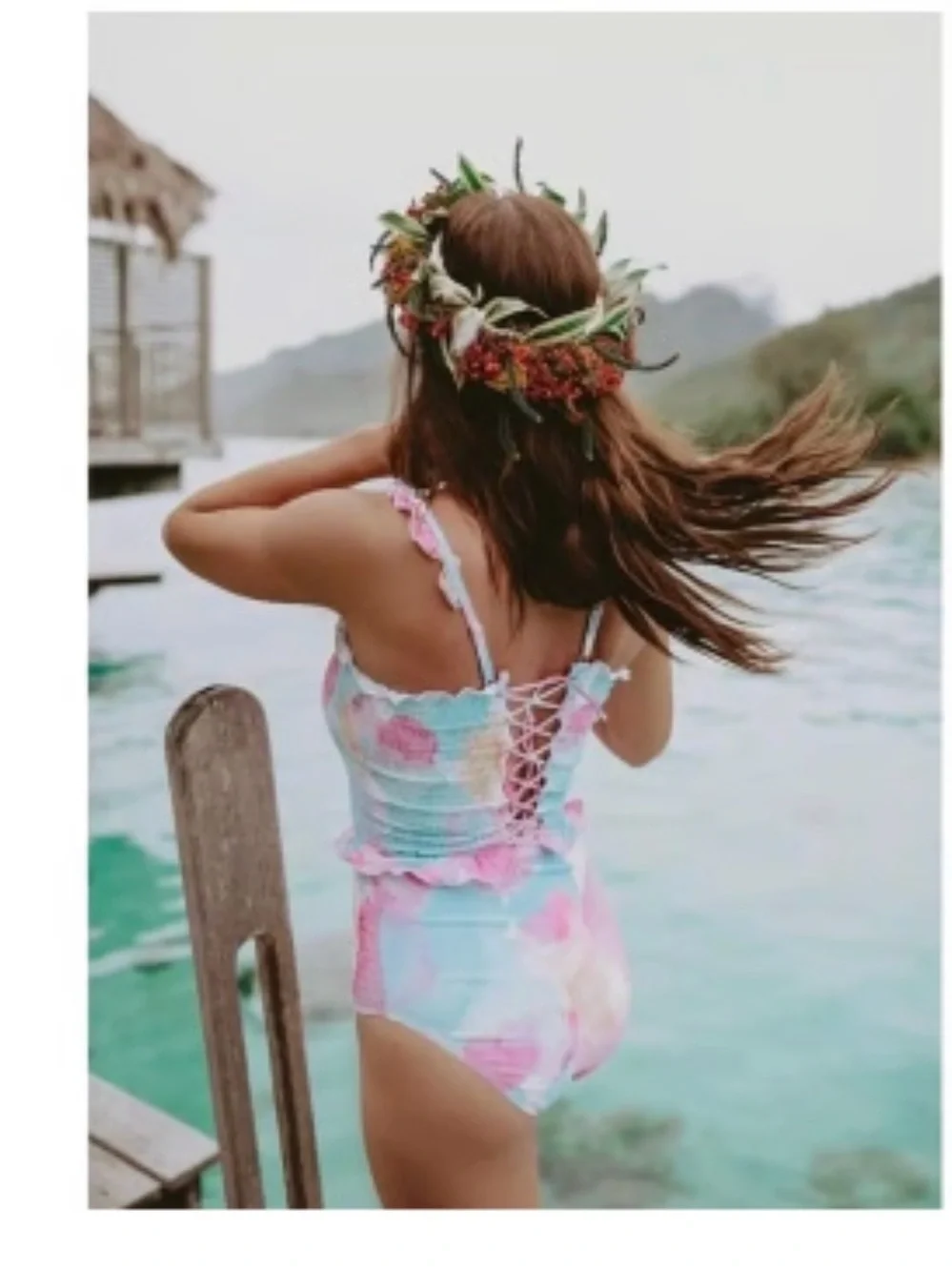 RAD swim Betsey Smocked Tankini Top tank rainbow lined tie-up corset style swim